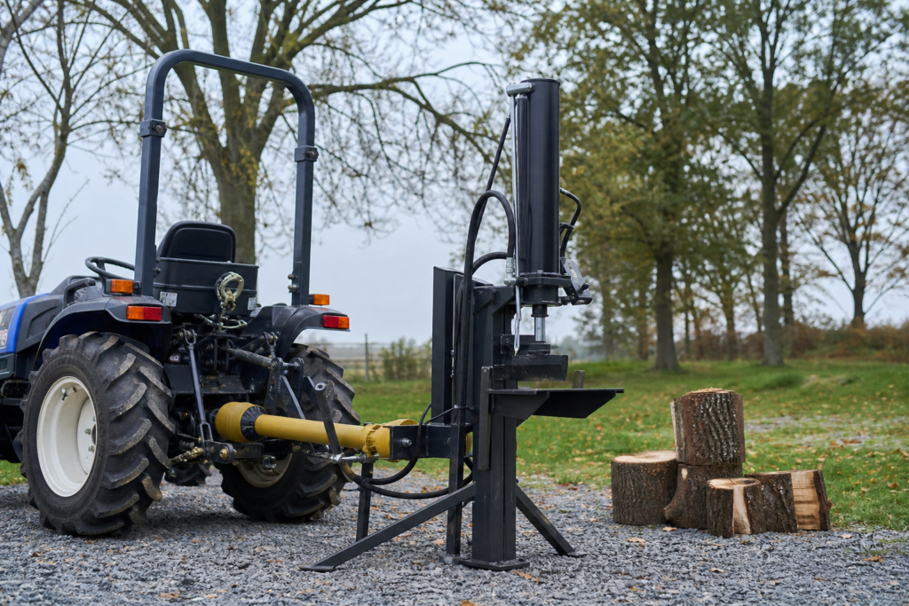 Trekker met afgeschermde cardanas gekoppeld aan een verticale aftakas-houtklover op een vlak erf