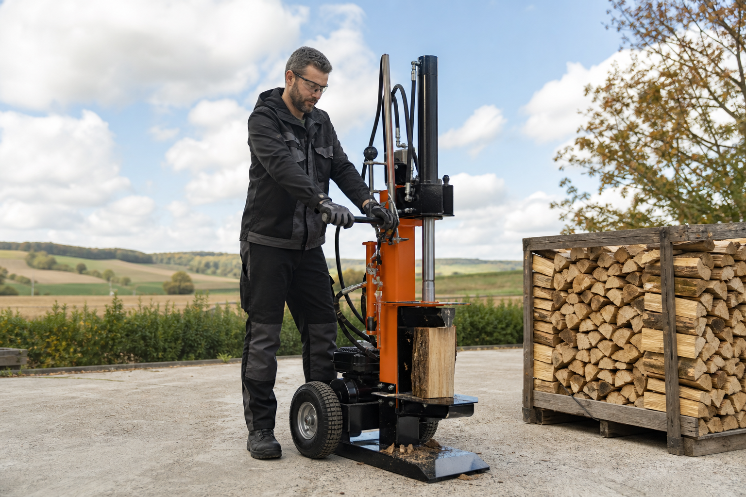 Persoon die buiten veilig hout klooft met een hydraulische houtklover op een opgeruimde werkplek