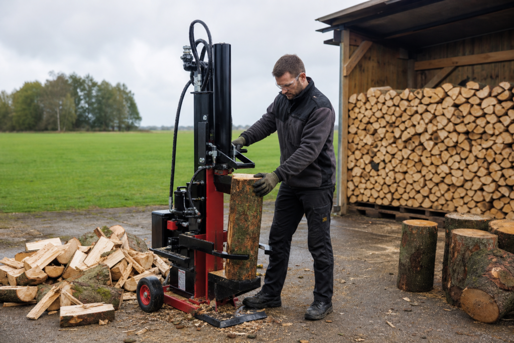 Persoon klooft vers haardhout met een hydraulische houtklover naast een houtstapel.