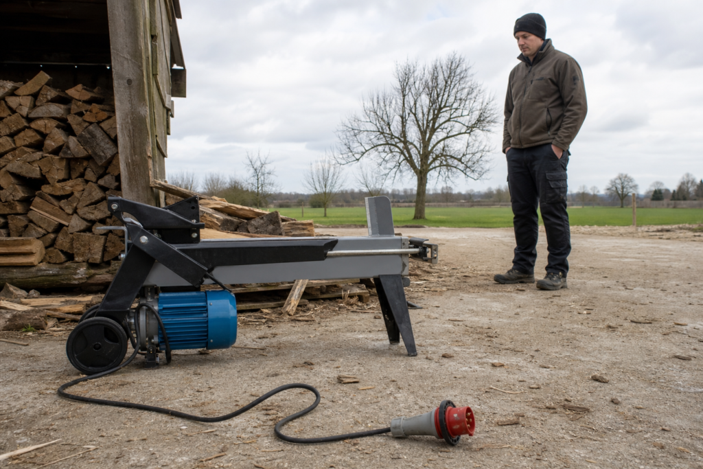 Uitgeschakelde elektrische houtklover met stroomkabel en stekker op een erf
