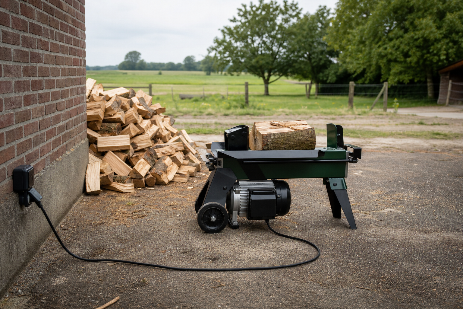 Volledig afgerolde verlengkabel aangesloten op een 230V houtklover op een droog erf